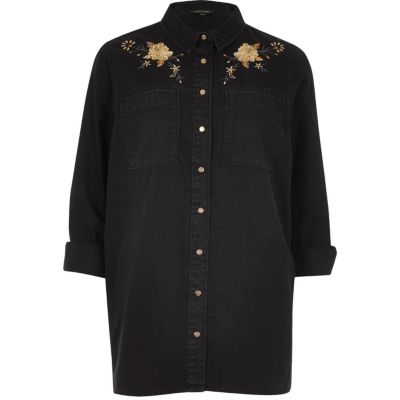Black denim floral embroidered western shirt
